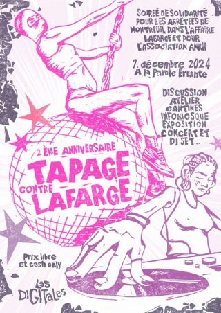 Affiche de la journée : dessin d'une personne cagoulée sur une boule de destruction en mode boule à facettes (clin d'oeil au clip de musique "wrecking ball"???) ; une personnes aux platines en bas à droite. 