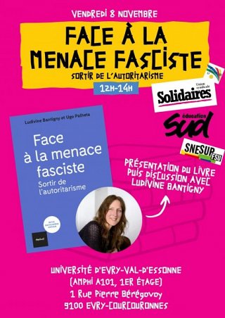 Affiche de l'événement : sur fond rose, photographie de Ludivine Bantigny, photo de son livre, et informations sur l'événement (présentes dans l'article)