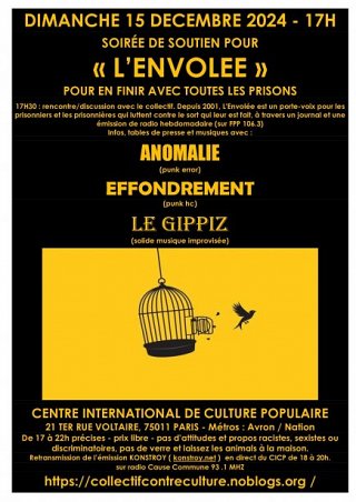 Affiche de l'événement. Programmation musicale, et dessin d'un oiseau s'échappant de sa cage en noir sur fond jaune