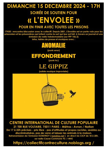 Affiche de l'événement. Programmation musicale, et dessin d'un oiseau s'échappant de sa cage en noir sur fond jaune