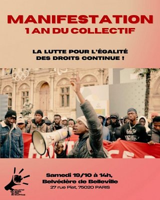 Affiche de la manifestation : photographie des membres du collectifs lors de l'action devant l'Hôtel de ville samedi 12 octobre, une personne tient un mégaphone, le bras en l'air, devant ses camarades qui sont derrière une banderole. L'affiche contient les informations de la manifestation prévue samedi, présentes dans le corps de l'article.