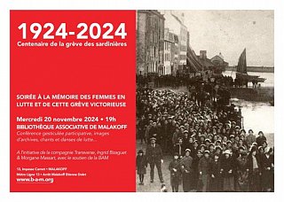 1924-2024 : centenaire de la grève des sardinières. Soirée à la mémoire des femmes en lutte et de cette grève victorieuse. Mercredi 20 novembre 2024 à 19h, bibliothèque associative de Malakoff. Photographie de l'époque : une foule pose debout, sur un quai au bord de l'eau.