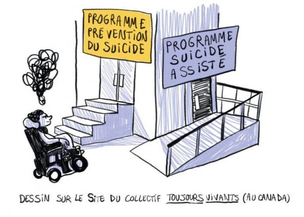 Dessin d'une personne en fauteuil devant un bâtiment avec deux voies d'accès. Au fronton de la voie accessible par un escalier : "programme de prévention du suicide" ; au fronton de celle accessible par une rampe : "programme suicide assisté".