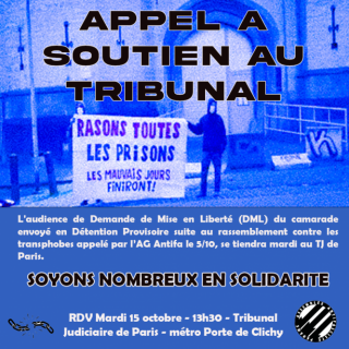 Affiche de l'appel à soutien, à dominante bleu. Texte sur l'affiche : Appel à soutien au tribunal. L'audiance de Demande de Mise en liberté (DML) du camarade envoyé en Détention Provisoire suite au rassemblement contre les transphobes appelé par l'AG Antifa le 5/10, se tiendra mardi au TJ de Paris. Soyons nombreux en solidarité. RDV Mardi 15 octobre 13h30 tribunal judiciaire de Paris