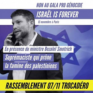 Visuel du rassemblement du 7 novembre : sur fond de drapeau israëlien, photo du ministre Bezalel Smotrich au téléphone.